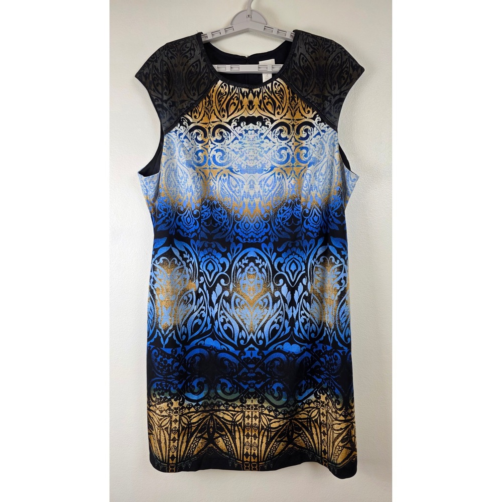 Chico's Dress Womens Size 4 Blue Gold Scroll Printed‎ Ponte Sleevelss Summer NWT